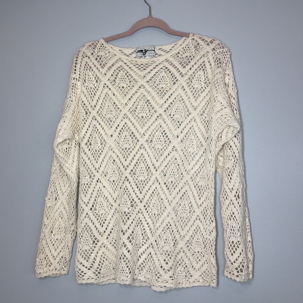Crochet Boho Sweater Womens Large Cream Open Knit Fishnet Coastal Beach Boho